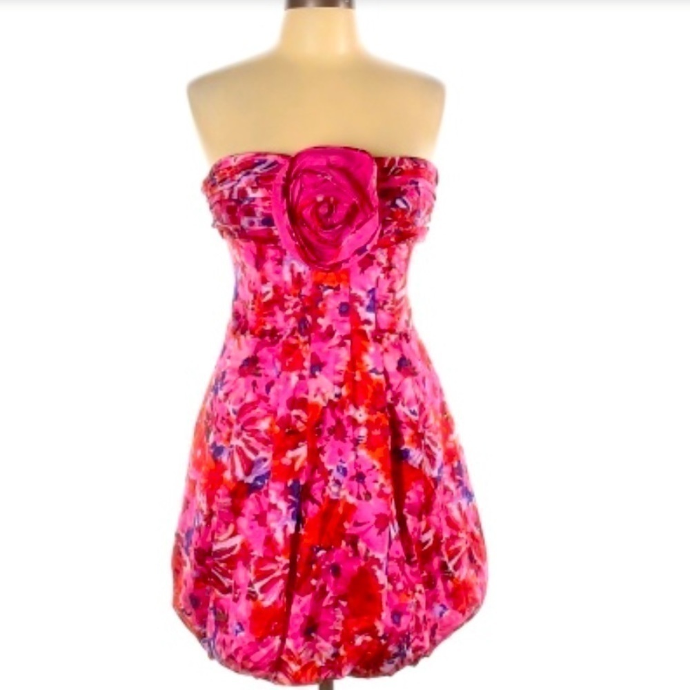 NWT BCBGMAXAZRIA Pink Begonia Floral Evening Strapless Bubble Dress Size 10